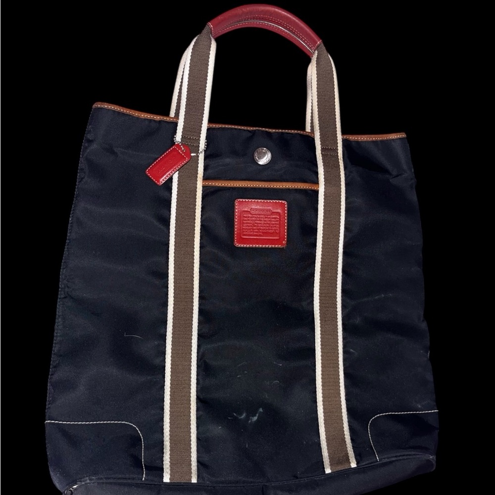 navy blue COACH Tote Bag with red accents